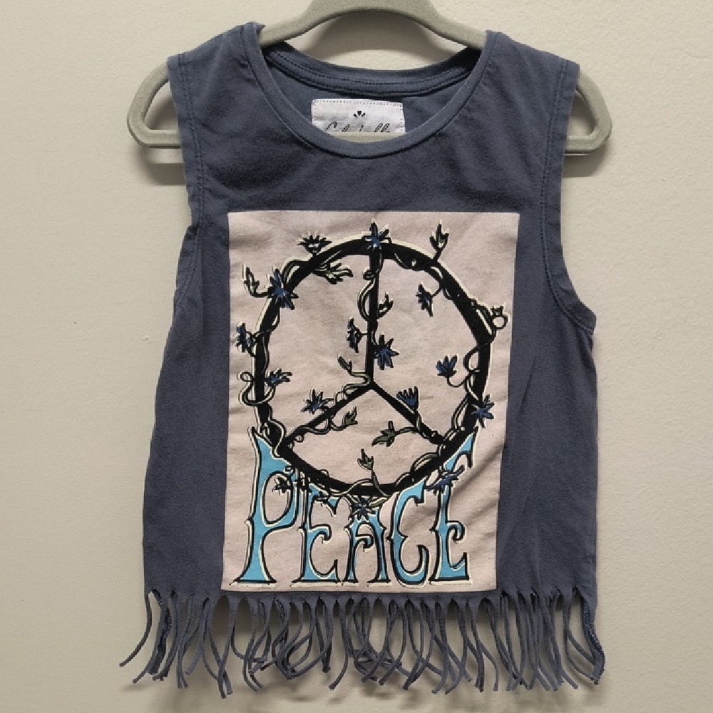 Cleobella Peace Graphic Fringe Kids Tank Top - Blue and White
